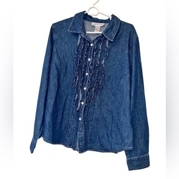 Cambridge Country women’s Blue Denim Ruffle Button-Up Shirt Sz 16 - Picture 1 of 3